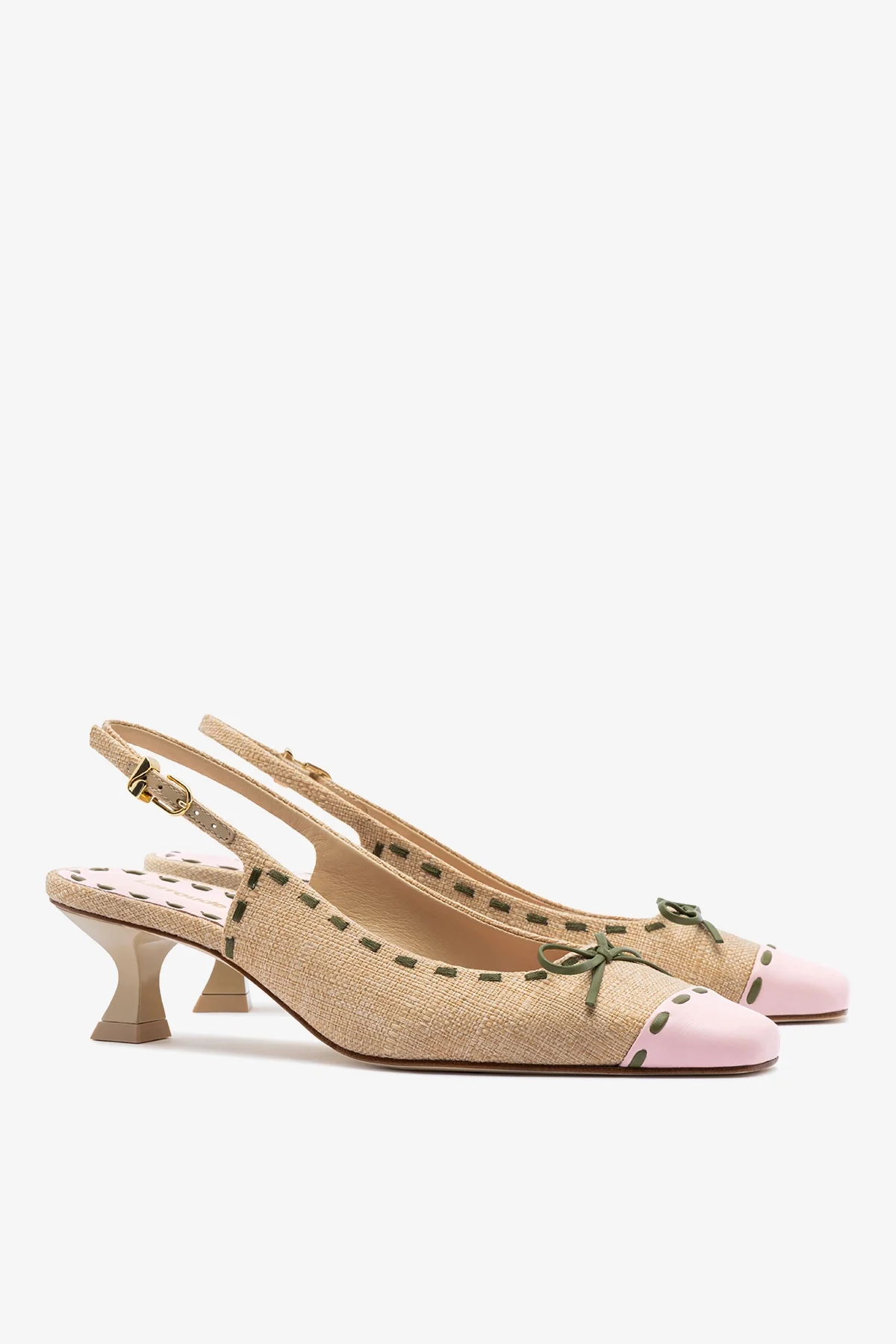 Slingback Jenny Ráfia Bege e Couro Rosa e Verde - Image 3
