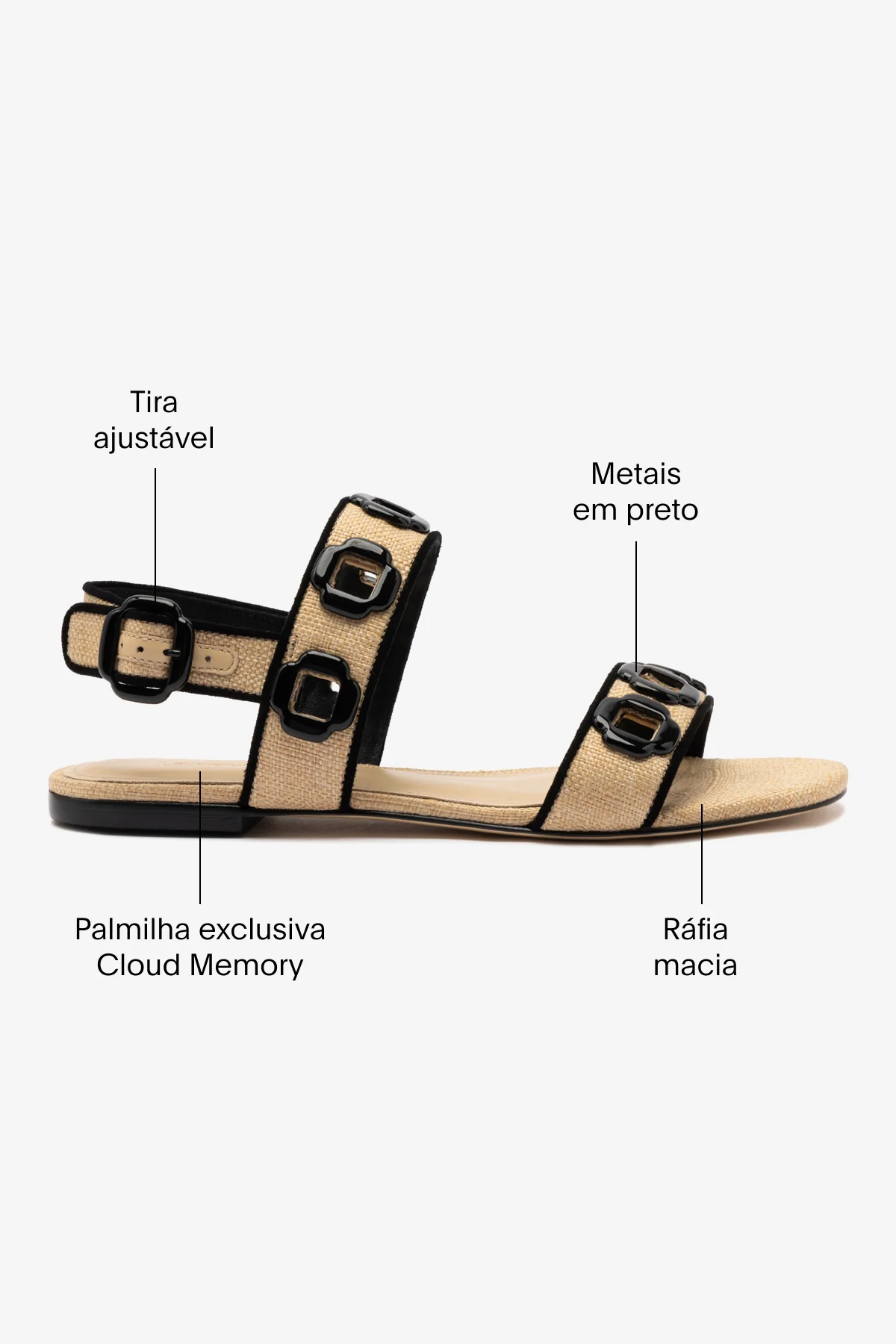 Sandália Flat Milan Ráfia Bege e Camurça Preto - Image 5