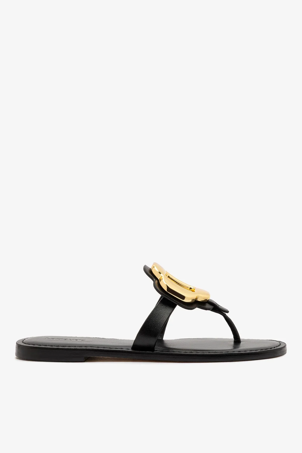 Sandália Flat Margherita Couro Preto e Metal Dourado