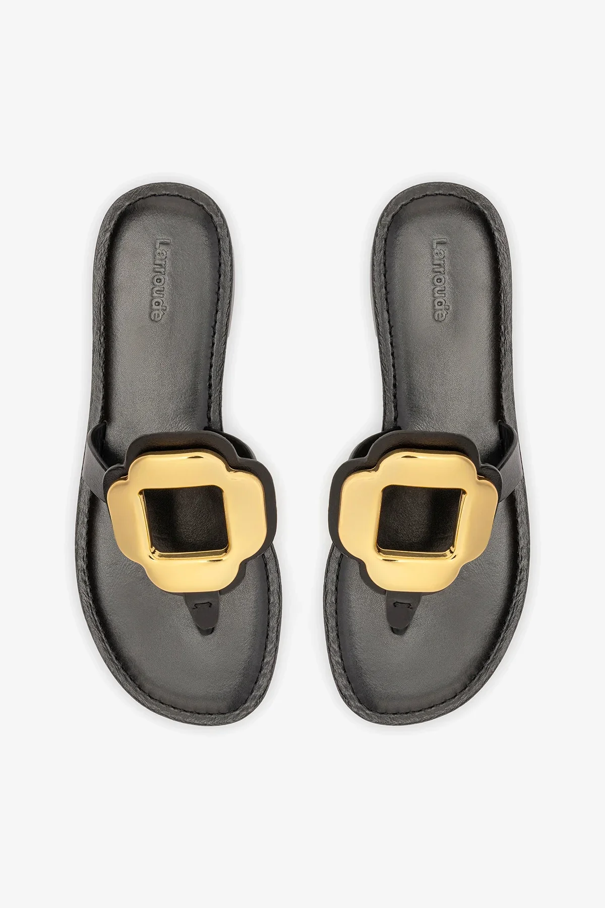 Sandália Flat Margherita Couro Preto e Metal Dourado - Image 6
