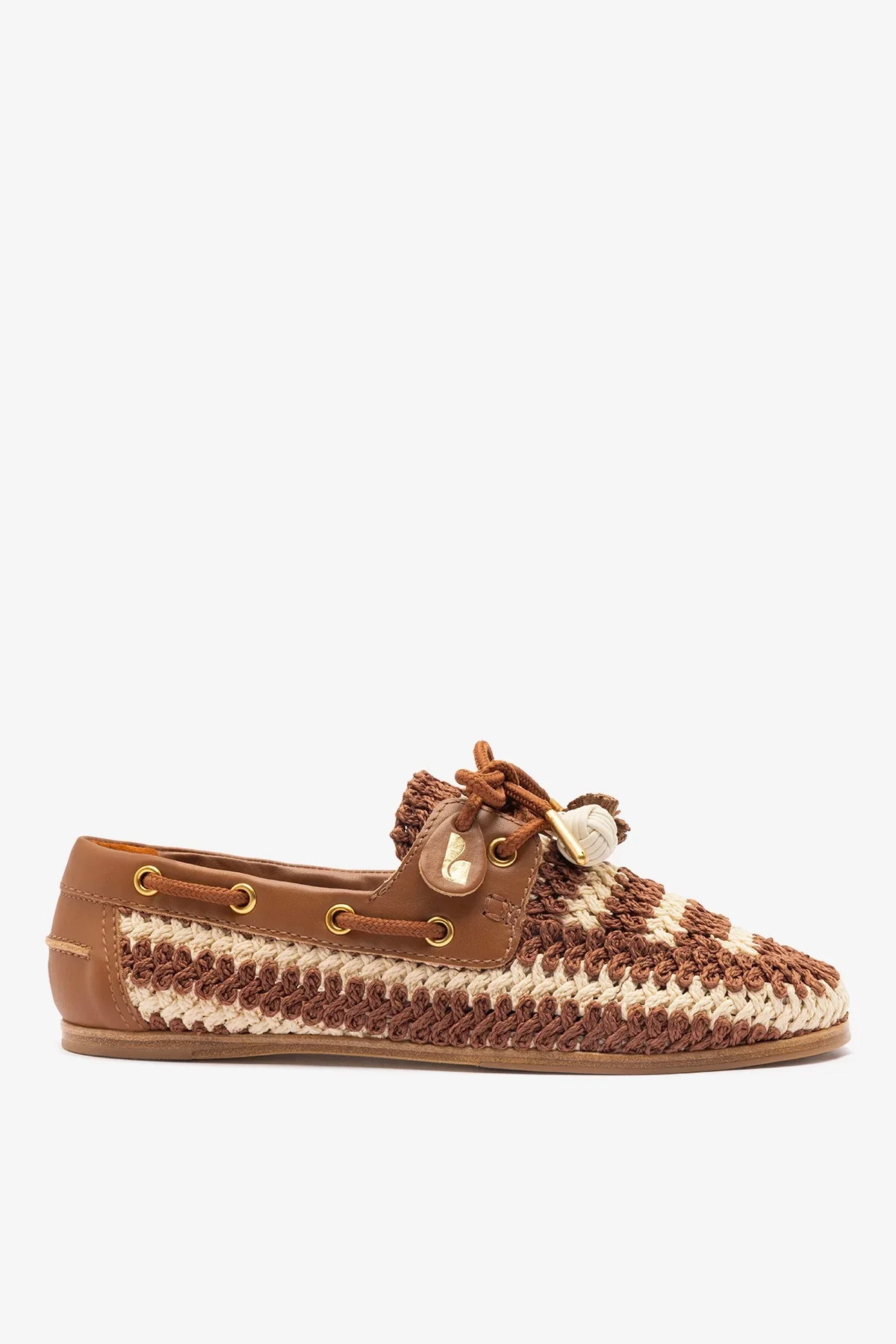 Mocassim Boat Shoe Cyprus Crochê e Couro Caramelo