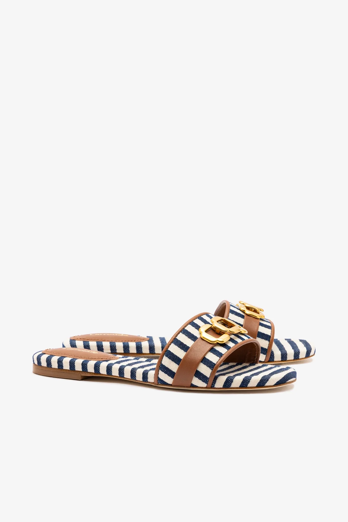 Flat Franca Lona Listrada Azul e Off White e Couro Caramelo - Image 3