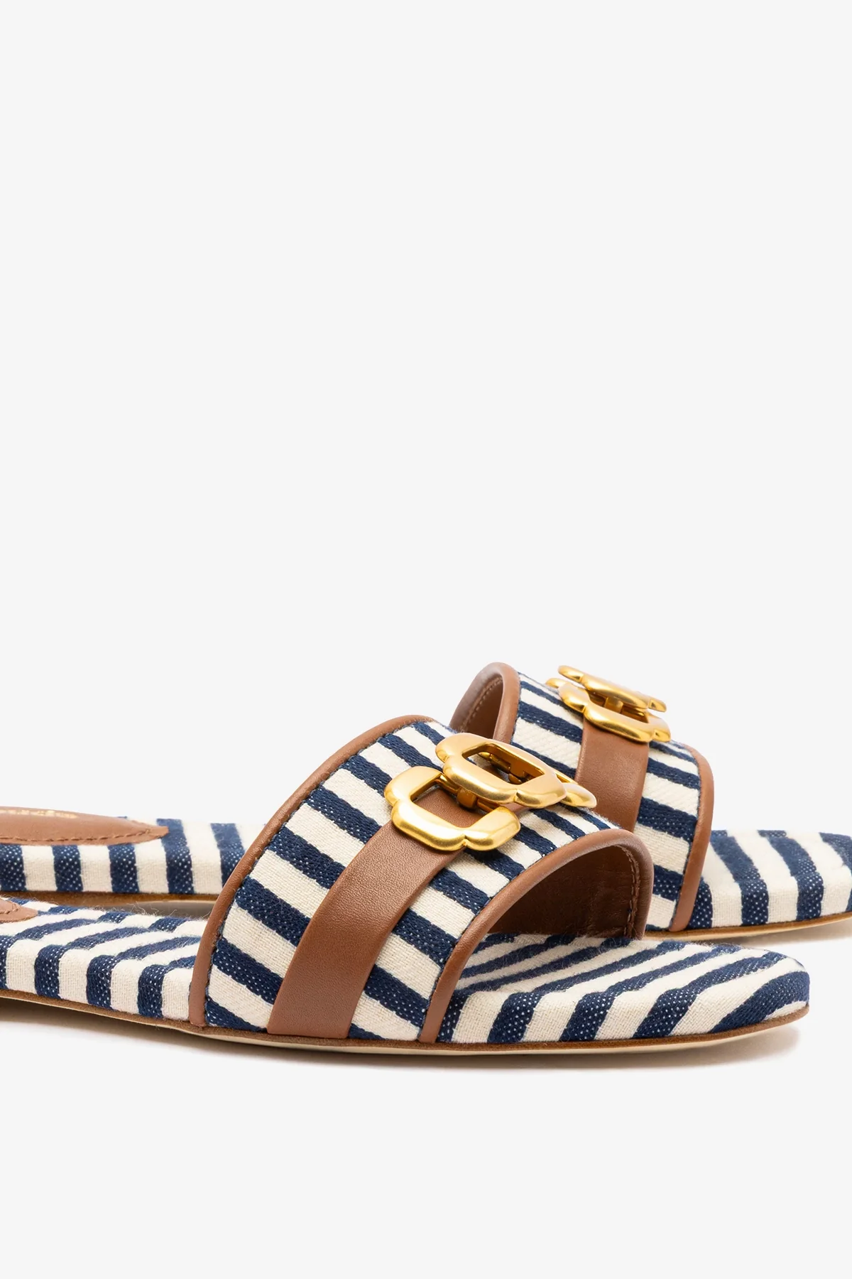 Flat Franca Lona Listrada Azul e Off White e Couro Caramelo - Image 4