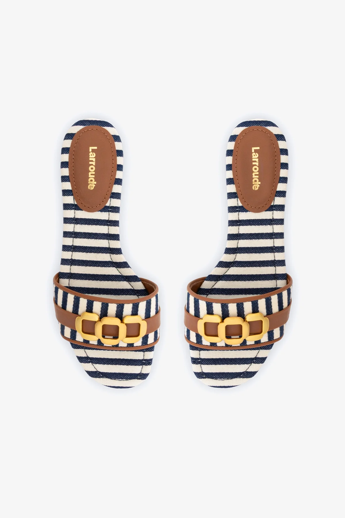 Flat Franca Lona Listrada Azul e Off White e Couro Caramelo - Image 7