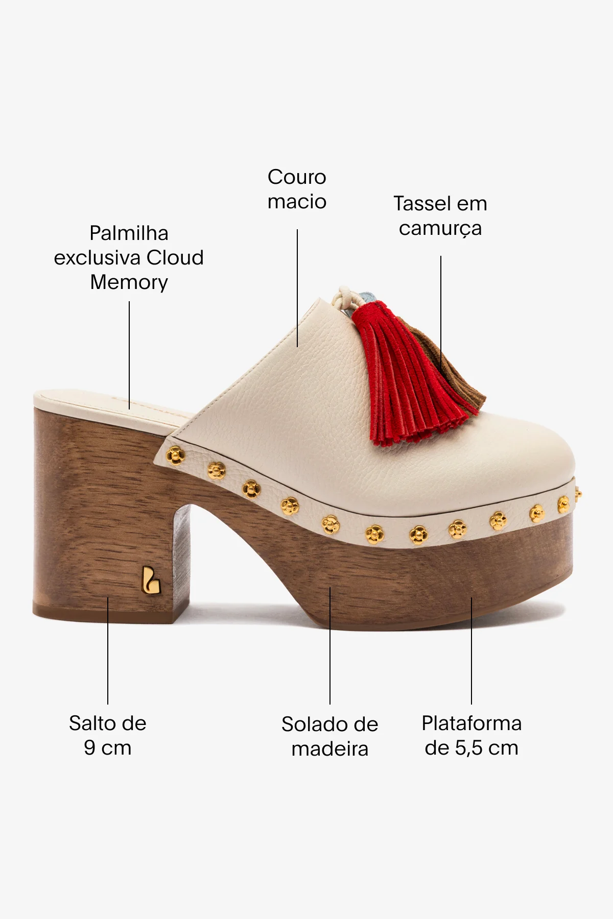 Mule Clog Plataforma Miso Wooden Tassel Couro Off White - Image 5