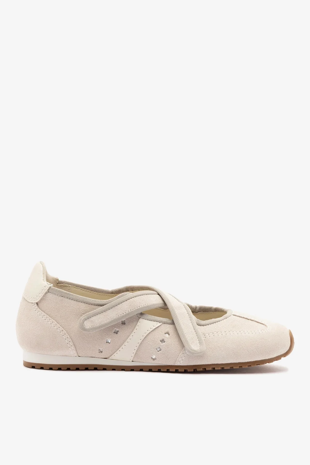 Flat Stella Ballerina Camurça Cinza e Couro Off White