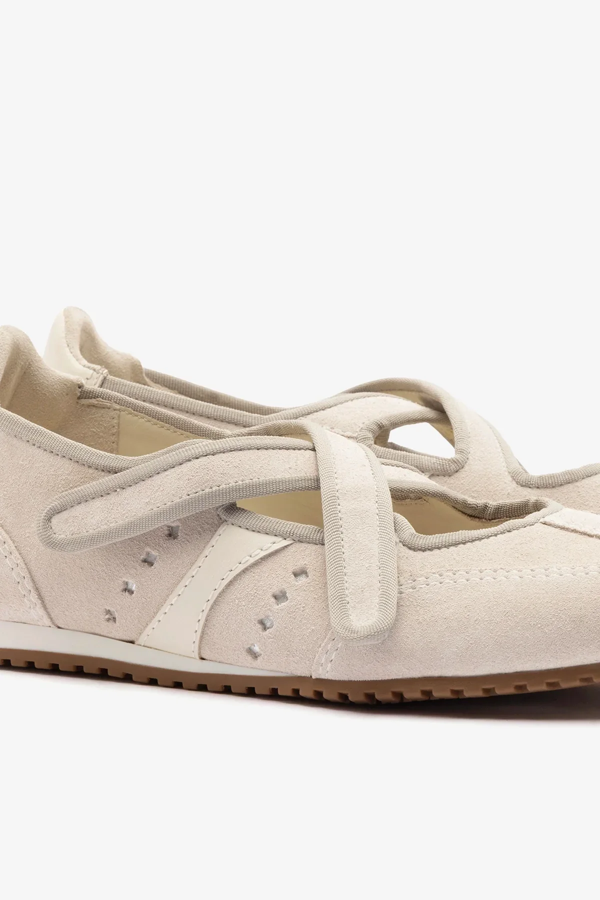 Flat Stella Ballerina Camurça Cinza e Couro Off White - Image 4