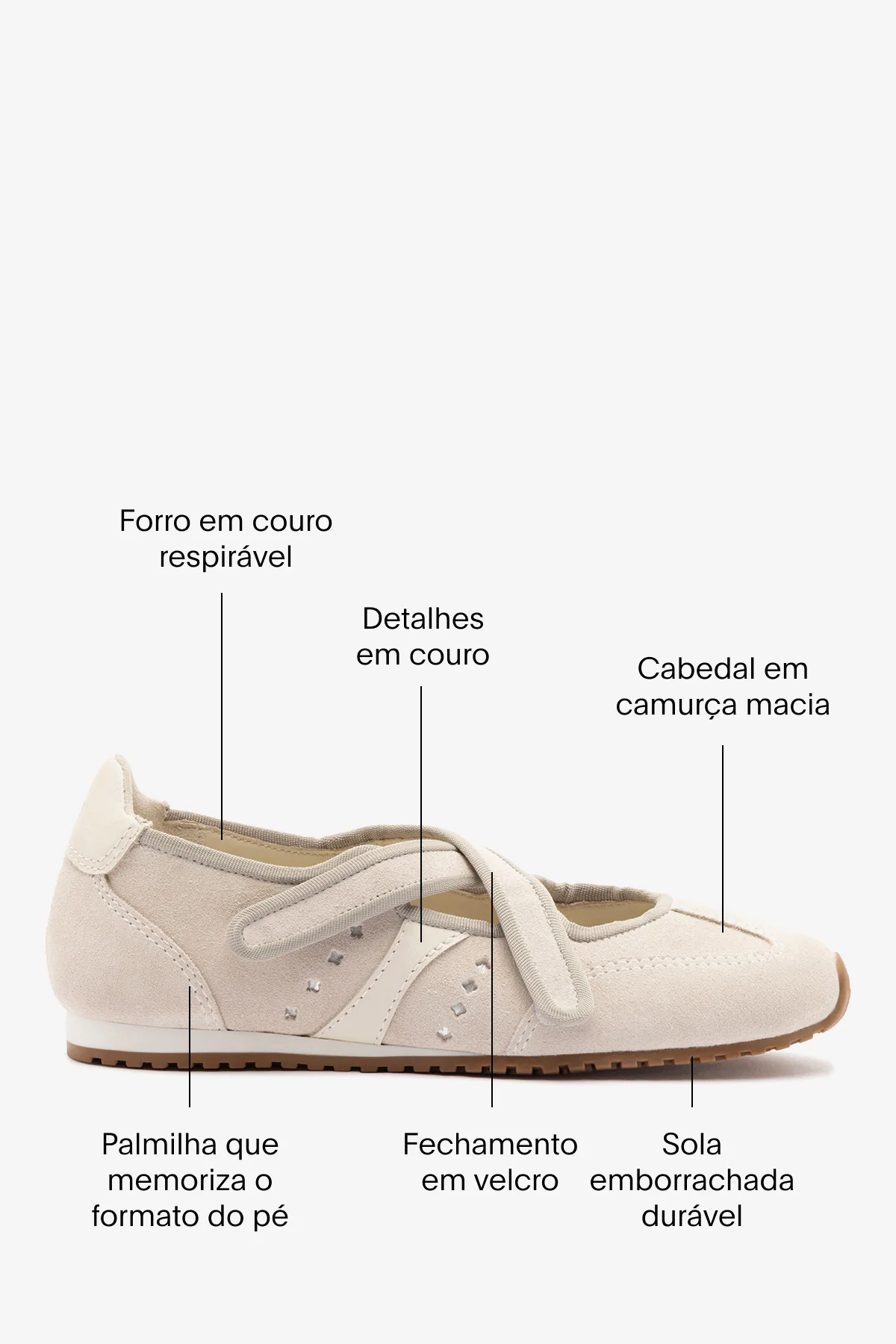 Flat Stella Ballerina Camurça Cinza e Couro Off White - Image 5