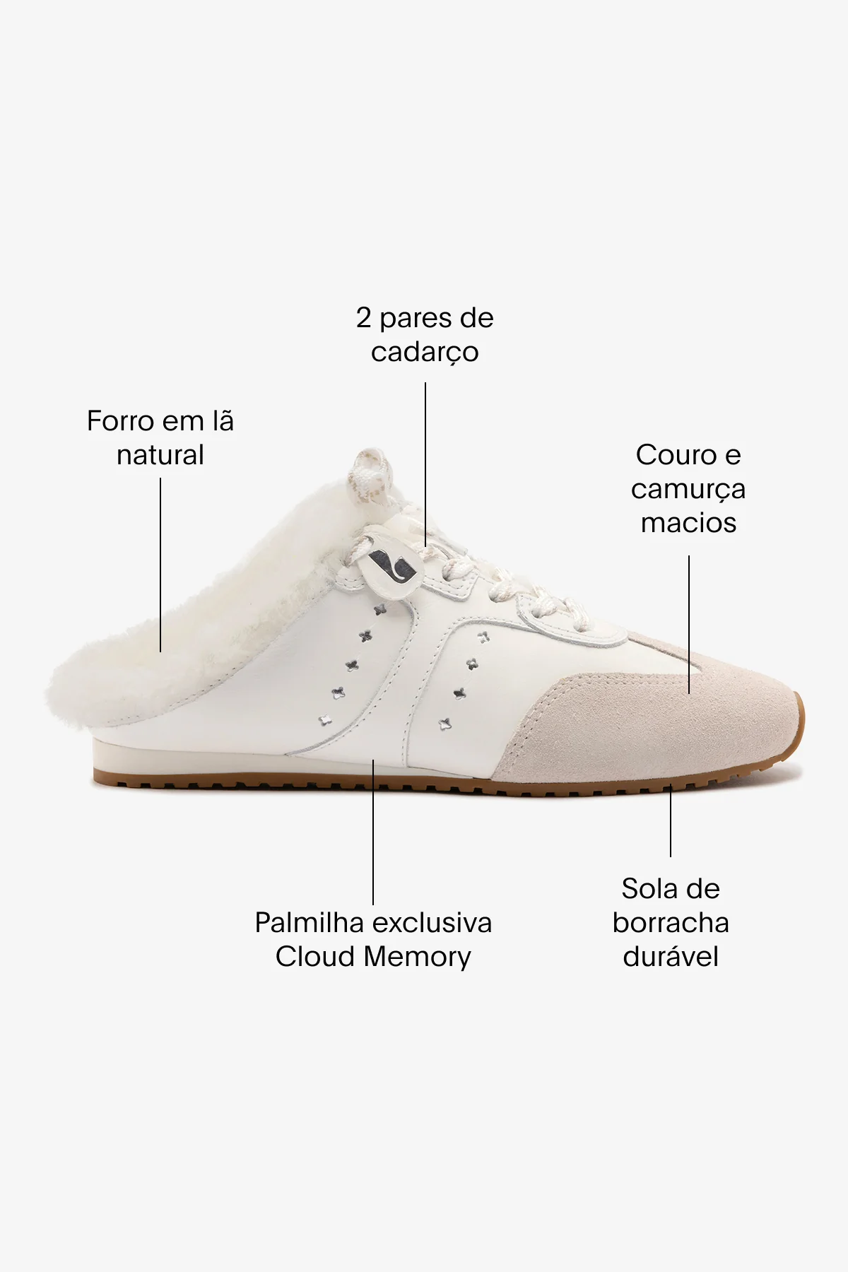 Mule Tênis Stella Couro Branco Camurça Cinza e Lã Branco - Image 6