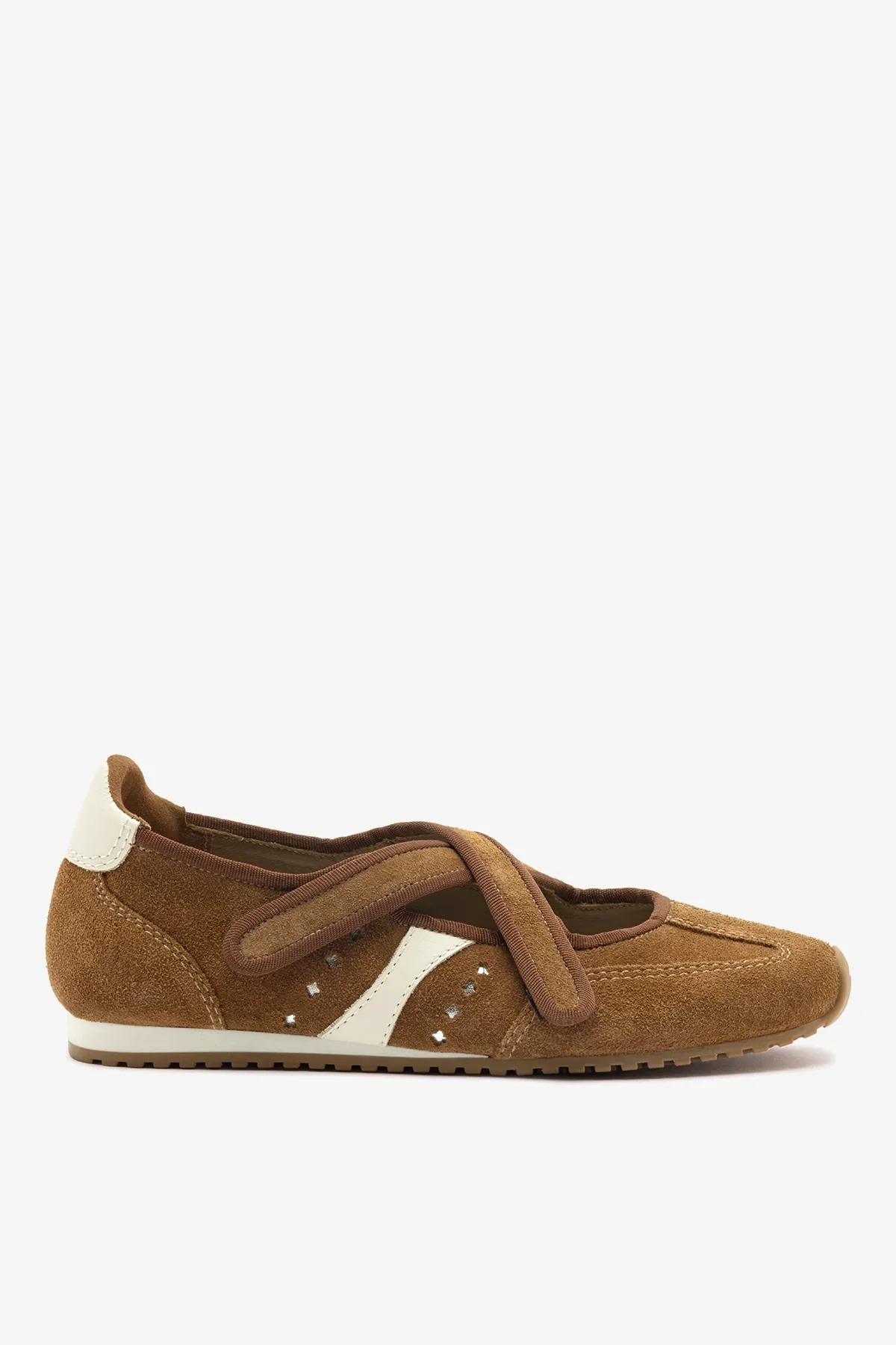 Flat Stella Ballerina Camurça Marrom e Couro Off White