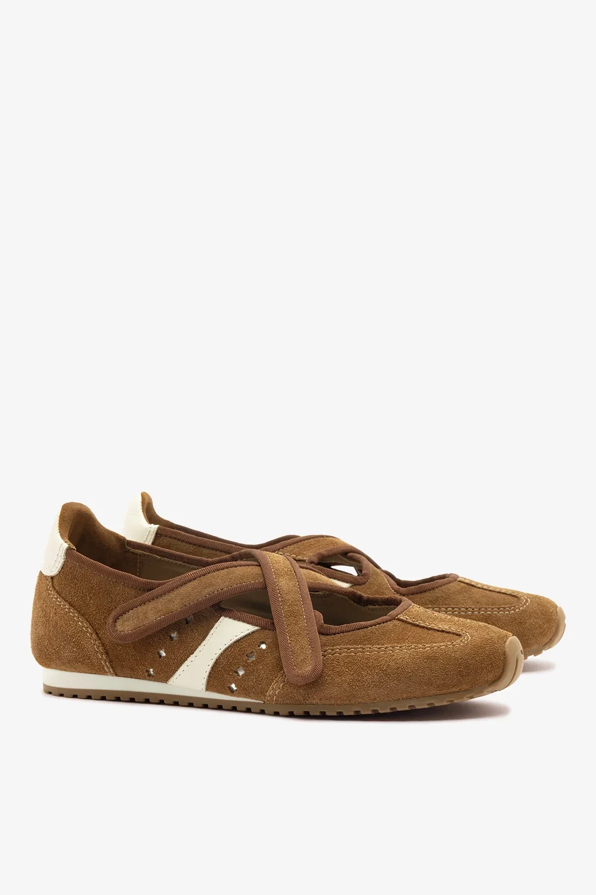 Flat Stella Ballerina Camurça Marrom e Couro Off White - Image 3