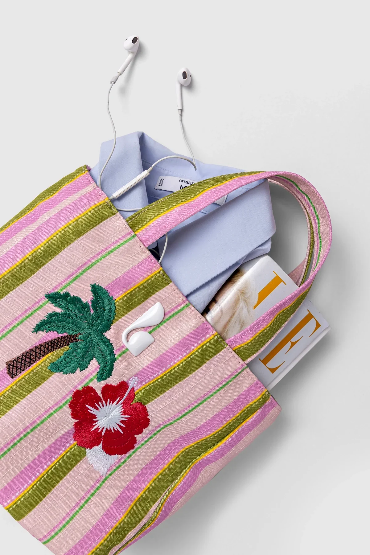 Bolsa Tote Bag Poppy Mini Ráfia Listrada Rosa - Image 7